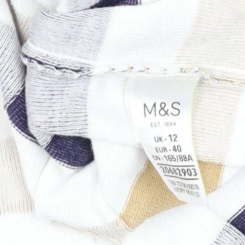 Marks and Spencer Women Beige Blue Check Off Shoulder Long Sleeve Knit Top Size 12
