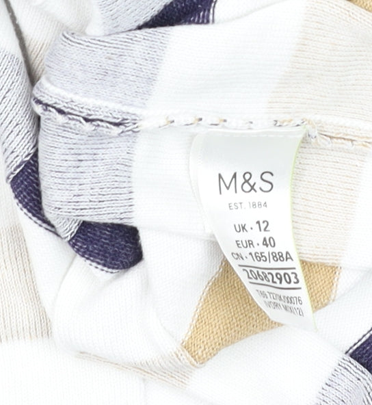Marks and Spencer Women Beige Blue Check Off Shoulder Long Sleeve Knit Top Size 12
