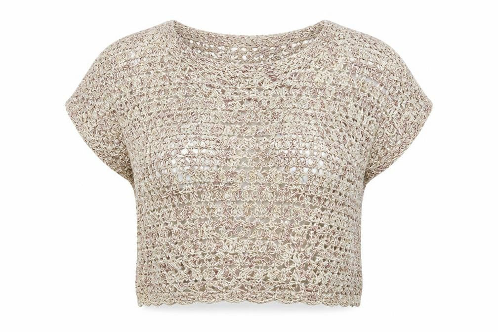 Front view of Berkertex Women Beige Crochet Cropped Blouse, size 14