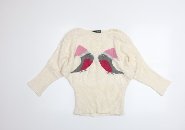 Jane Norman Women’s Ivory Christmas Robin Jumper Size 12 Knit Pullover