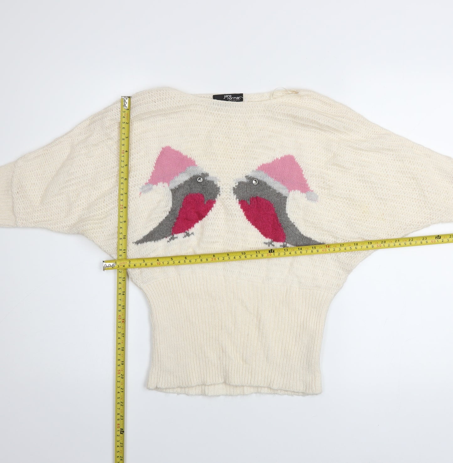 Jane Norman Women’s Ivory Christmas Robin Jumper Size 12 Knit Pullover