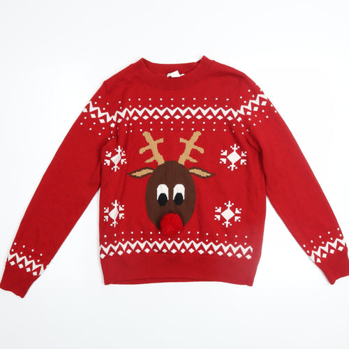 H&M Womens Red Christmas Reindeer Pullover Jumper XS