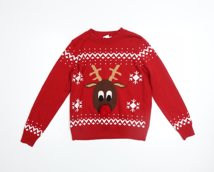 H&M Womens Red Christmas Reindeer Pullover Jumper XS