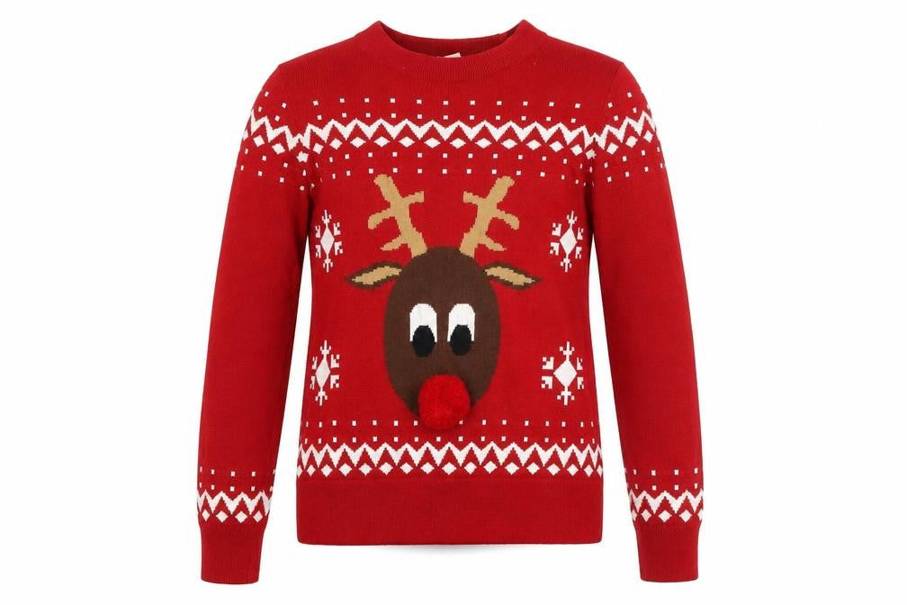 Front view of H&M women’s red christmas reindeer jumper xs