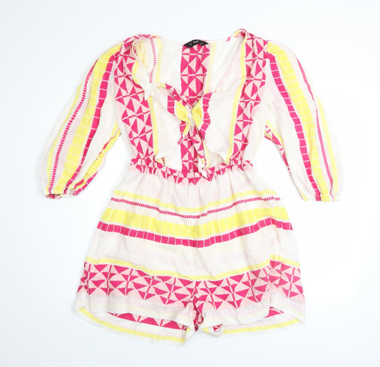 F&F Women’s Pink Yellow Geometric Playsuit UK 14 Cotton Boho Holiday Style