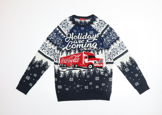 Coca-Cola Men's Blue Christmas Jumper M Holiday Fair Isle Sweater