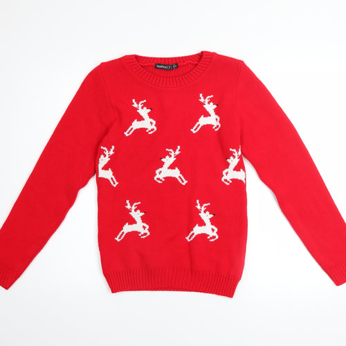 Boohoo Women Red Reindeer Christmas Pullover Jumper Size 4