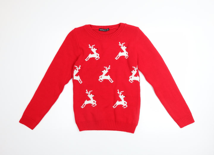 Boohoo Women Red Reindeer Christmas Pullover Jumper Size 4