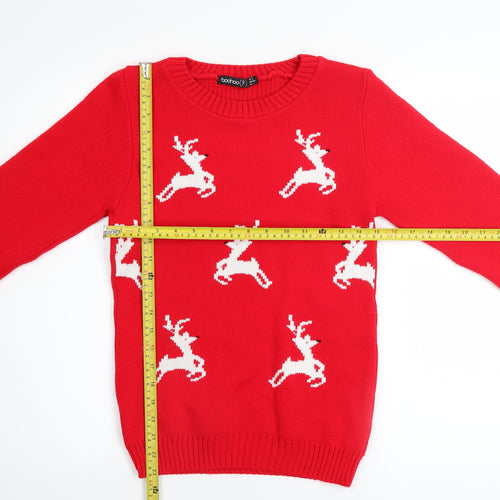 Boohoo Women Red Reindeer Christmas Pullover Jumper Size 4