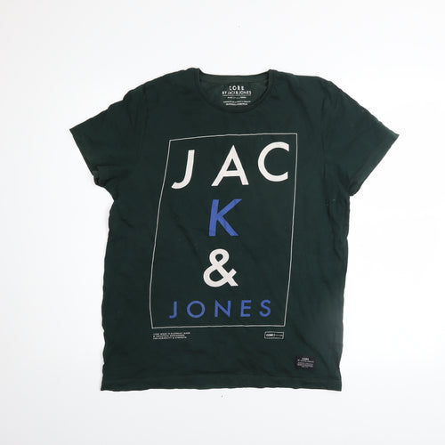 Jack & Jones Men's Green Cotton Graphic Logo T-Shirt Size L