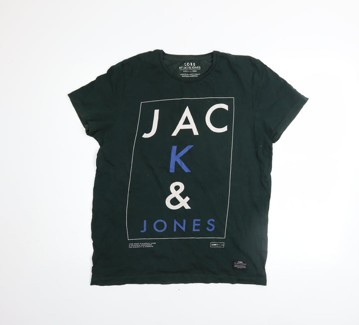 Jack & Jones Men's Green Cotton Graphic Logo T-Shirt Size L