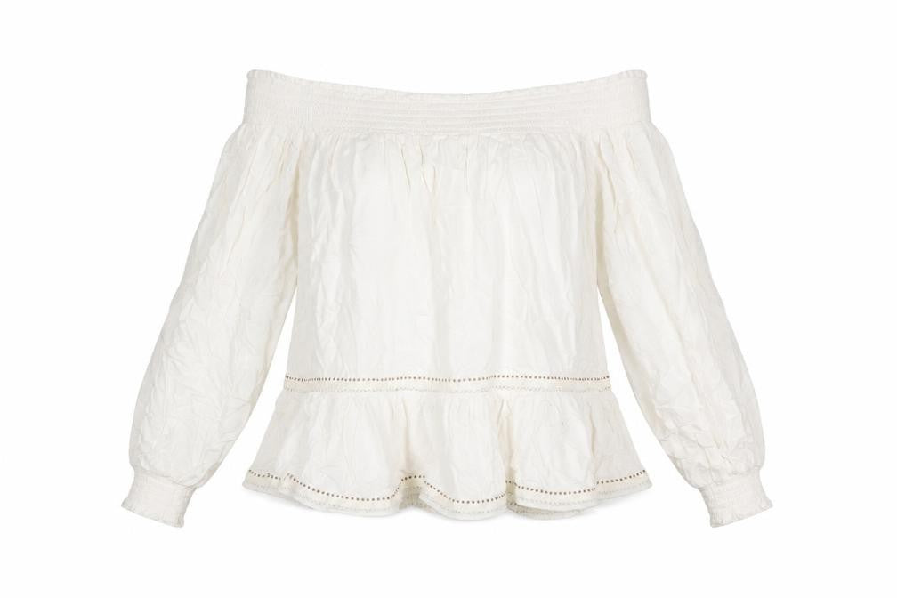 Front view of Superdry women’s ivory off shoulder boho long sleeve blouse, size UK 10