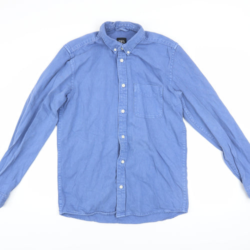 Zara Men Blue Cotton Button-Up Long Sleeve Casual Shirt Size S