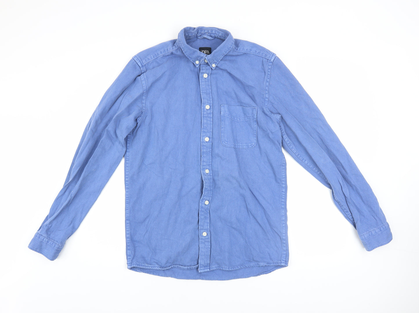 Zara Men Blue Cotton Button-Up Long Sleeve Casual Shirt Size S