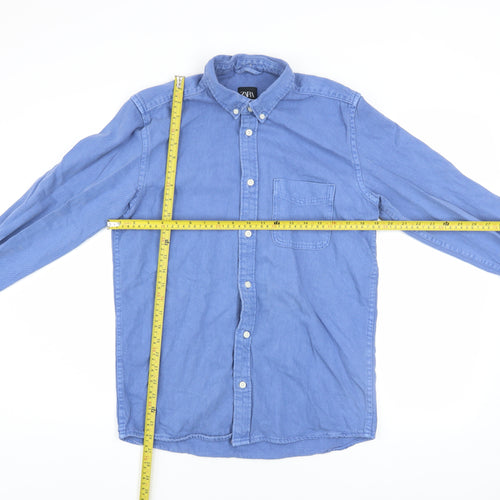 Zara Men Blue Cotton Button-Up Long Sleeve Casual Shirt Size S