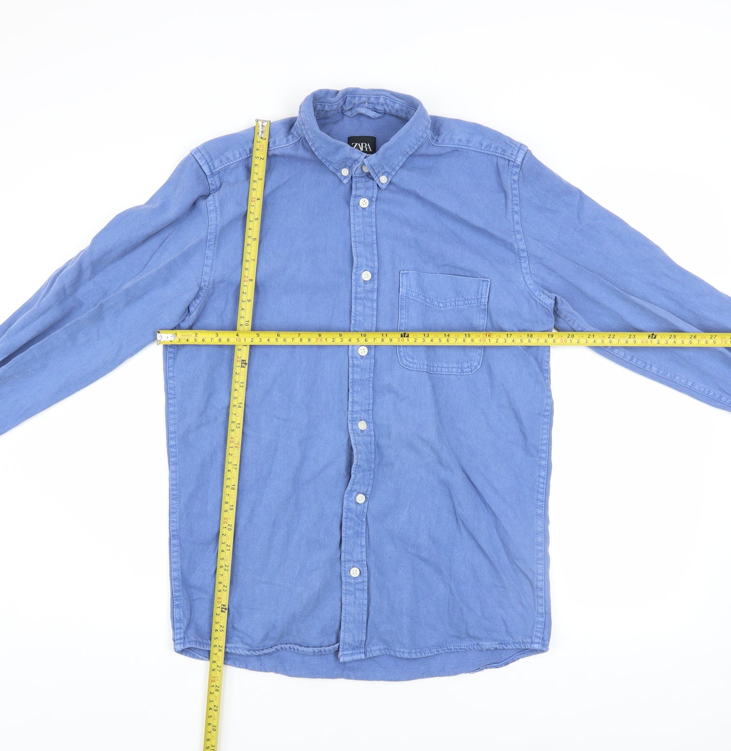 Zara Men Blue Cotton Button-Up Long Sleeve Casual Shirt Size S