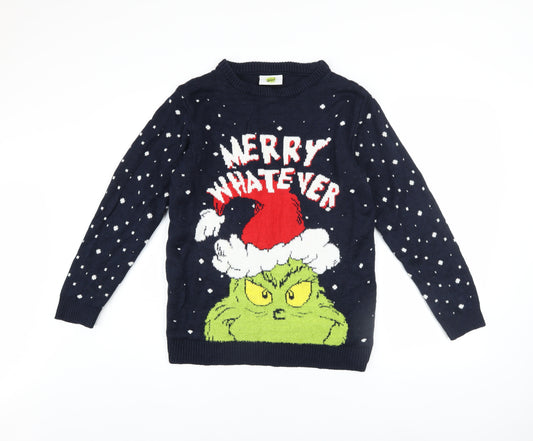 Primark Boys Navy The Grinch Christmas Jumper 14-15 Years Acrylic Blend