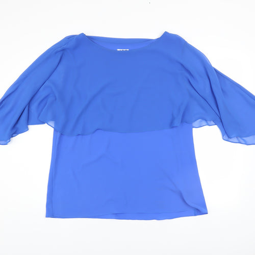 ART Women Blue Chiffon Tunic Blouse XL Boat Neck Flutter Sleeve