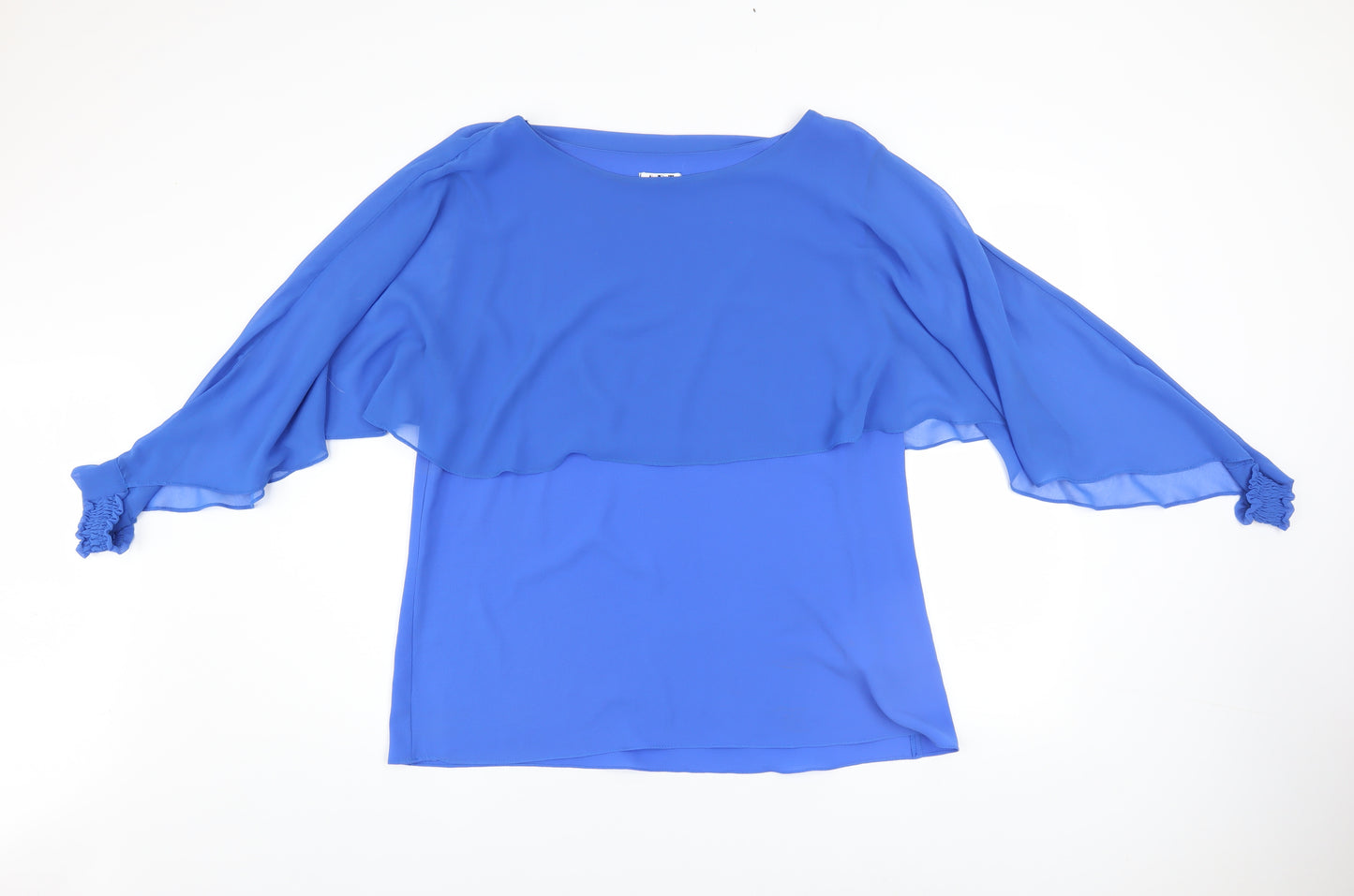 ART Women Blue Chiffon Tunic Blouse XL Boat Neck Flutter Sleeve