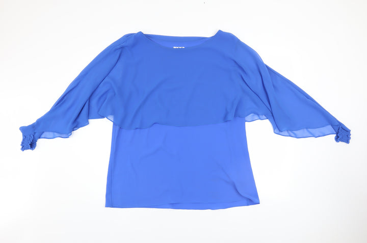 ART Women Blue Chiffon Tunic Blouse XL Boat Neck Flutter Sleeve