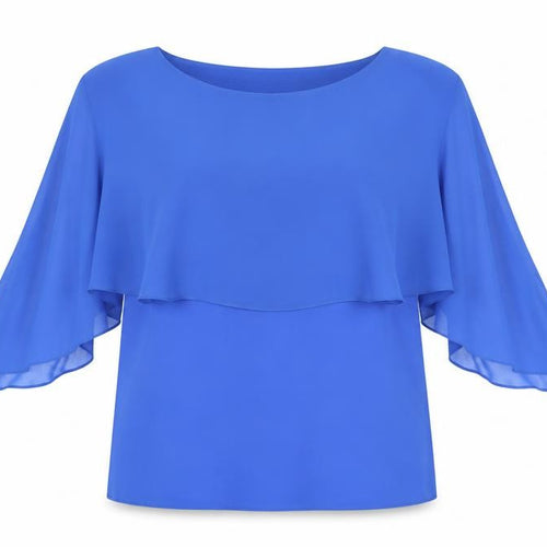 ART Women Blue Chiffon Tunic Blouse XL Boat Neck Flutter Sleeve