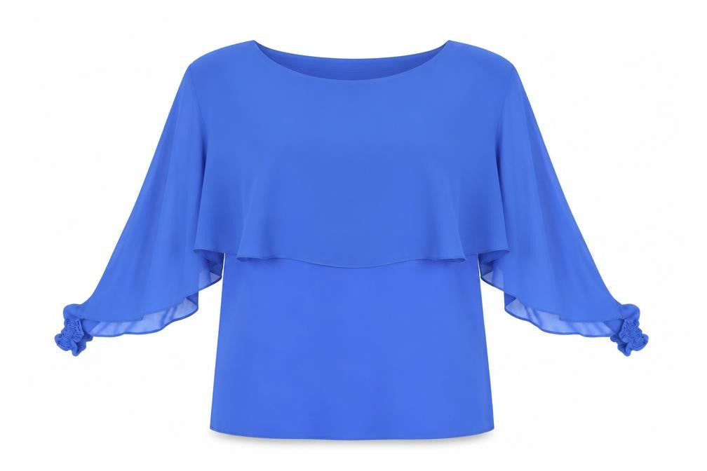 ART Women Blue Chiffon Tunic Blouse XL Boat Neck Flutter Sleeve