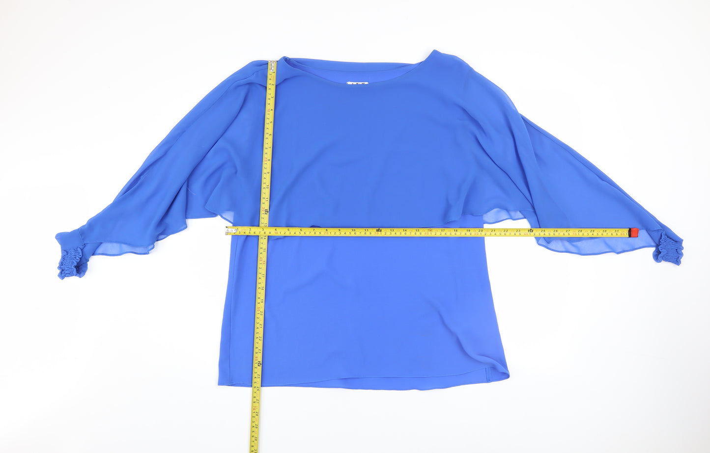 ART Women Blue Chiffon Tunic Blouse XL Boat Neck Flutter Sleeve