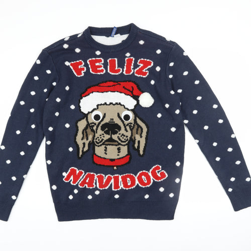 H&M Men Blue Christmas Dog Graphic Jumper M Pullover Knit