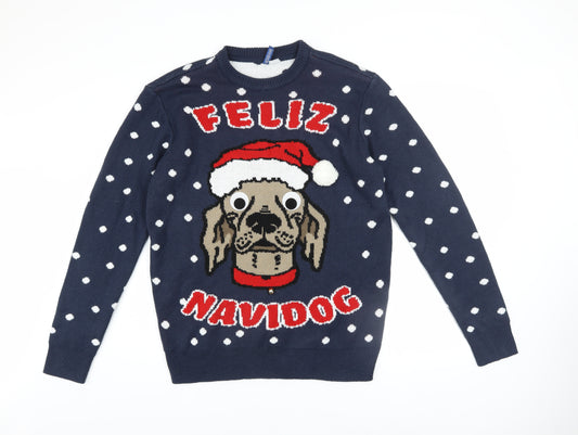 H&M Men Blue Christmas Dog Graphic Jumper M Pullover Knit