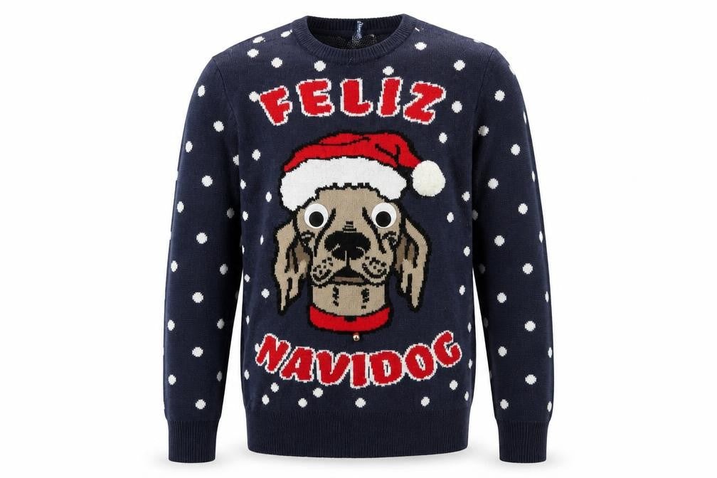 Front view of H&M Men Blue Christmas Dog Graphic Jumper M Pullover Knit