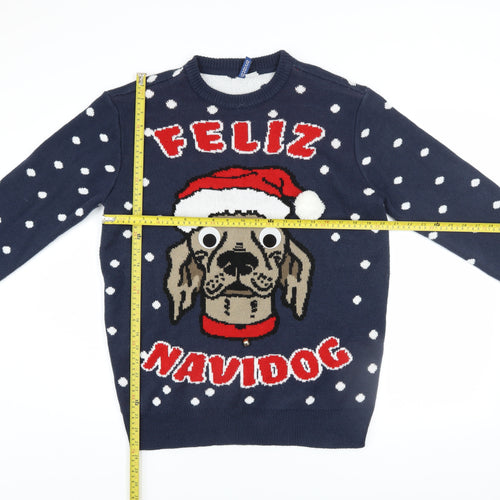 H&M Men Blue Christmas Dog Graphic Jumper M Pullover Knit