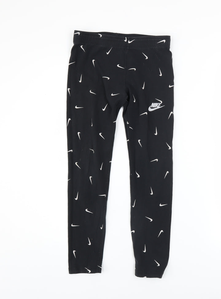 Nike Girls Black Cotton Stretch Logo Ankle Leggings Size 146 Slim Fit