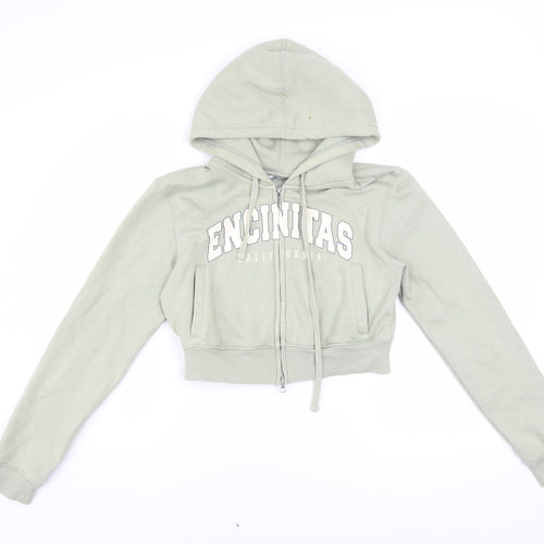 Bershka Women's Sage Green Full Zip Hoodie Size S Cropped California Print