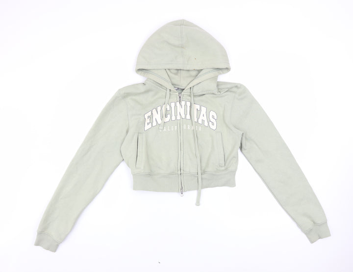 Bershka Women's Sage Green Full Zip Hoodie Size S Cropped California Print