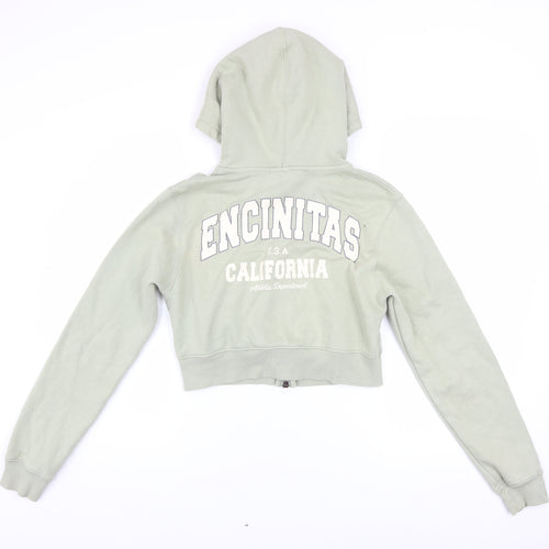 Bershka Women's Sage Green Full Zip Hoodie Size S Cropped California Print