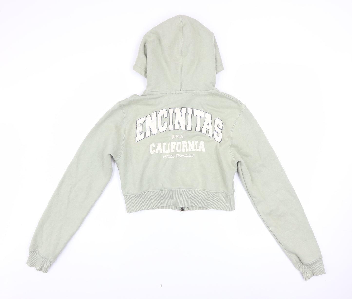 Bershka Women's Sage Green Full Zip Hoodie Size S Cropped California Print