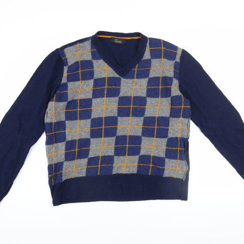 Zara Man Blue Check Wool V-Neck Men's Pullover Jumper M