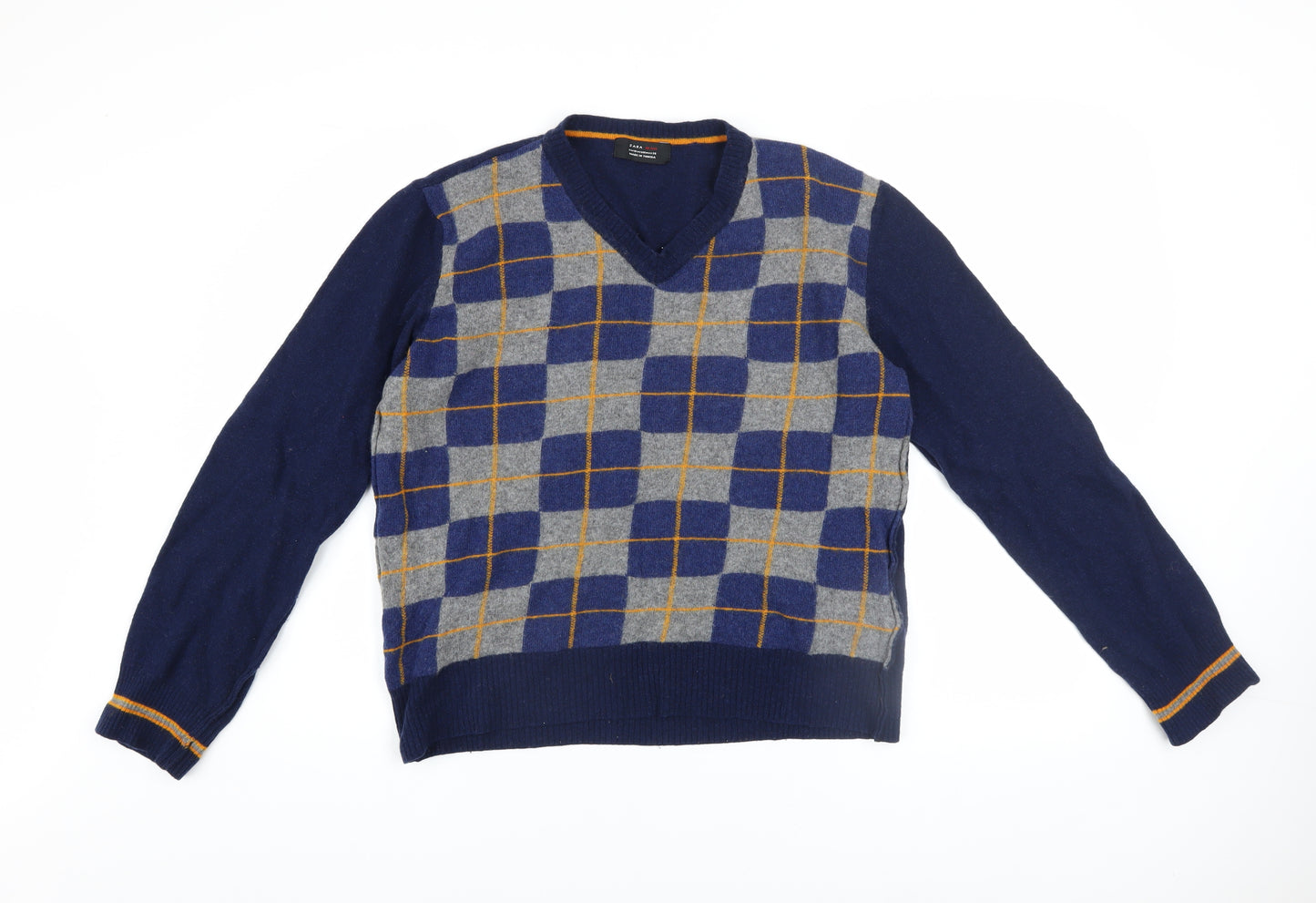Zara Man Blue Check Wool V-Neck Men's Pullover Jumper M
