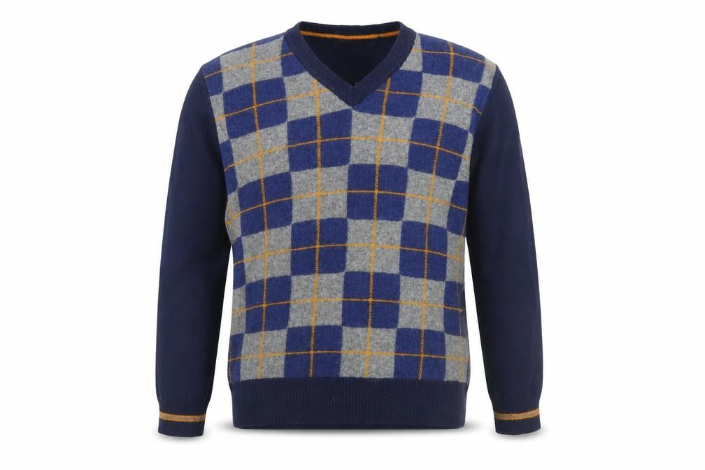 Front view of Zara Man Blue Check Wool V-Neck Men's jumper M