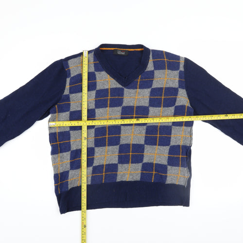 Zara Man Blue Check Wool V-Neck Men's Pullover Jumper M