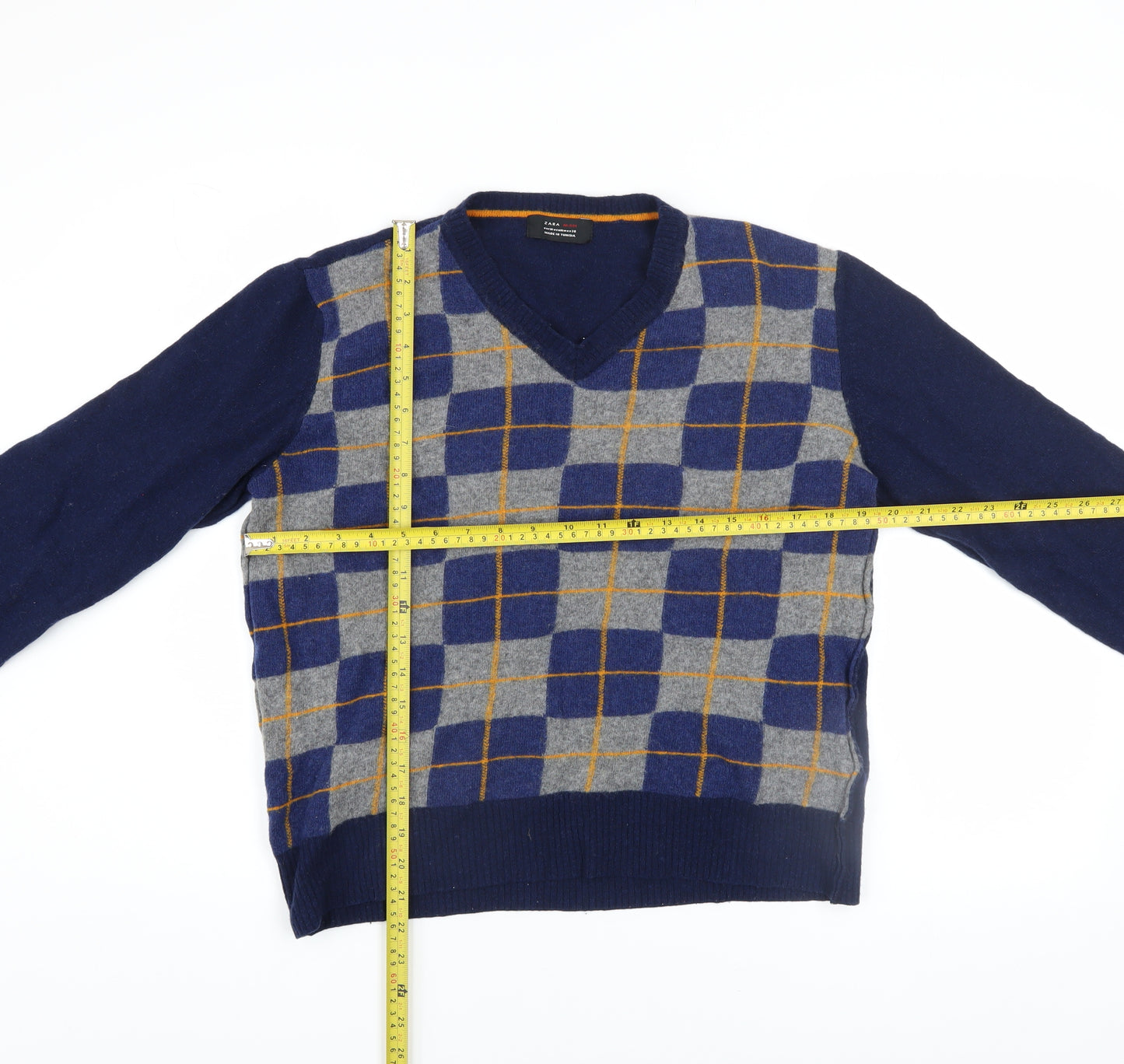 Zara Man Blue Check Wool V-Neck Men's Pullover Jumper M