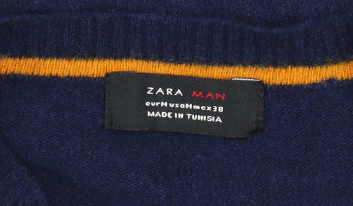 Zara Man Blue Check Wool V-Neck Men's Pullover Jumper M
