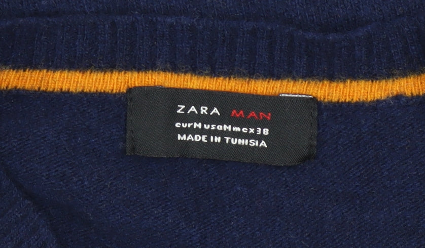 Zara Man Blue Check Wool V-Neck Men's Pullover Jumper M