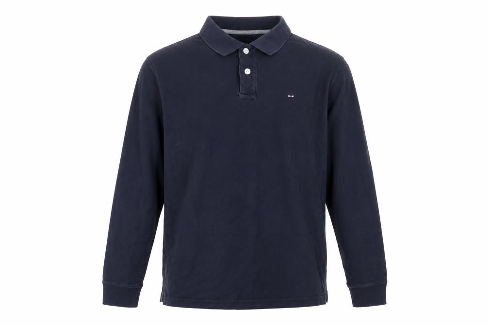Front view of Eden Park Men's Blue Long Sleeve Collared Button-Up Polo Shirt, size M