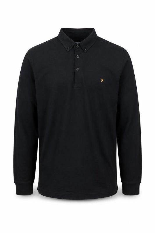 Front view of Farah Men's Black Long Sleeve Button-Down Cotton Polo Shirt, size L