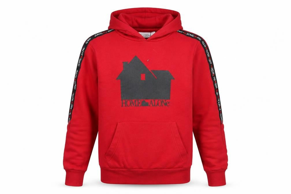 Front view of Home Alone Red Men's Pullover Hoodie S Graphic Logo Fleece
