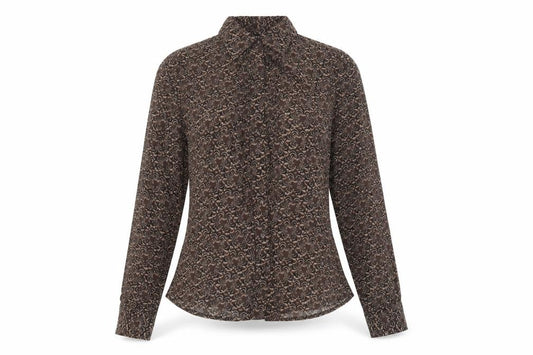Front view of O'Stin Women's Brown Floral Chiffon Button-Up Blouse, size S