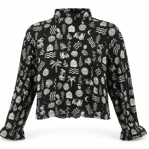 Pull&Bear Women's Black Cropped High Neck Long Sleeve Bohemian Blouse Size S