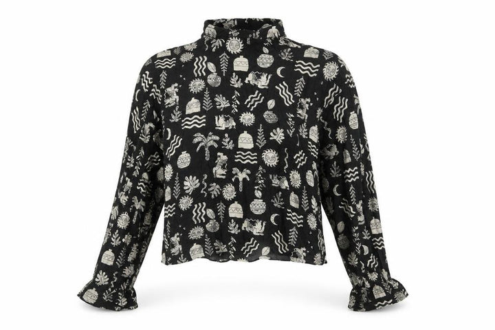 Pull&Bear Women's Black Cropped High Neck Long Sleeve Bohemian Blouse Size S