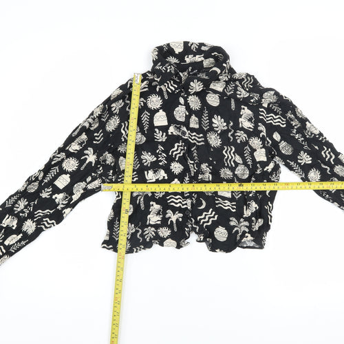 Pull&Bear Women's Black Cropped High Neck Long Sleeve Bohemian Blouse Size S